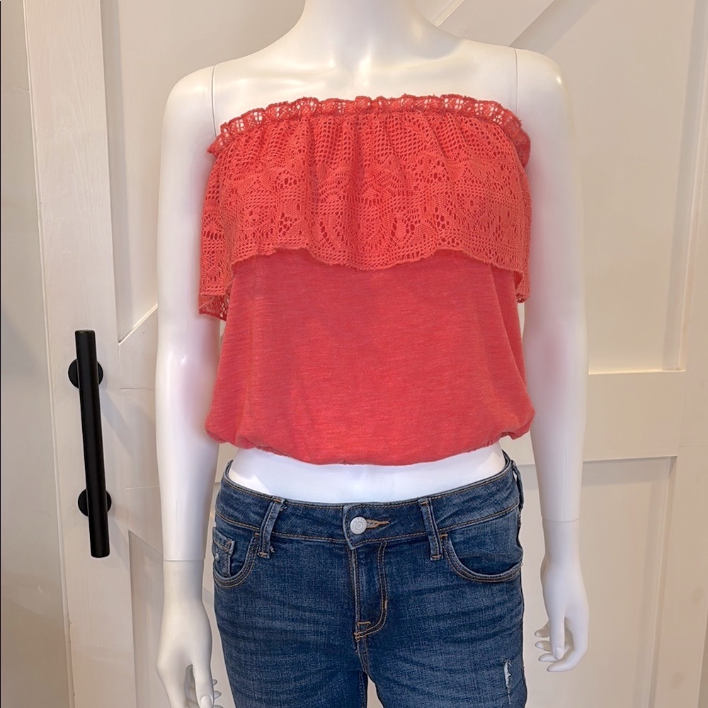 Crochet Ruffle Lace Knit Coral Pink Crop Tube Top